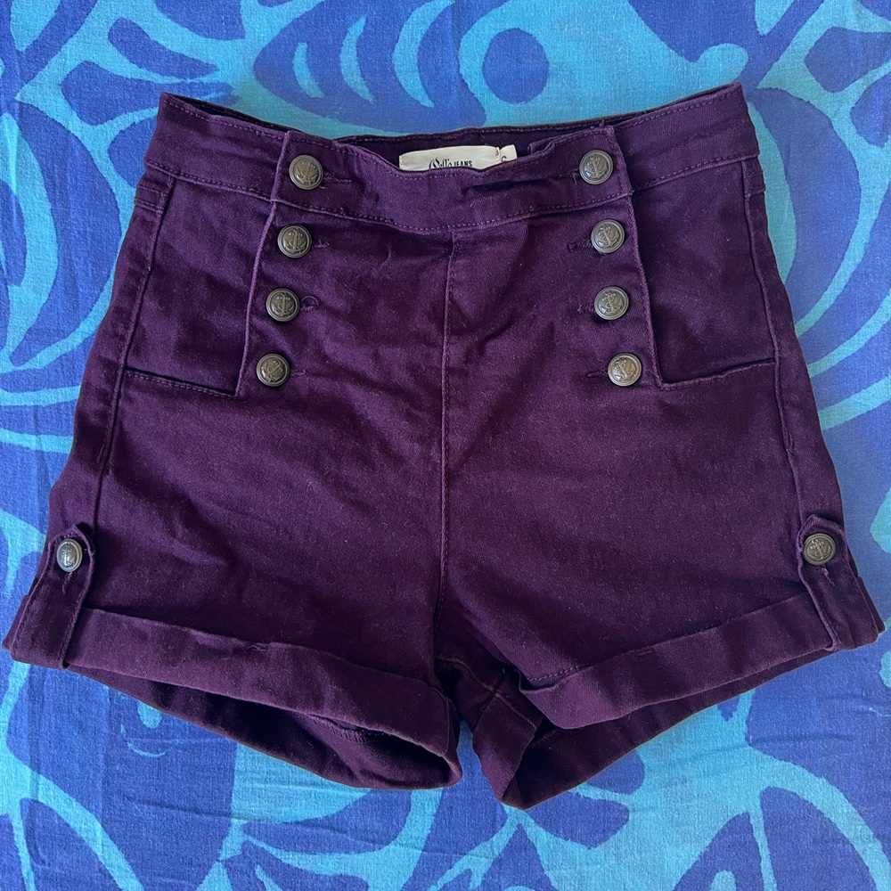 Wine burgundy sailor high rise button shorts anchor cuffed stretch denim
